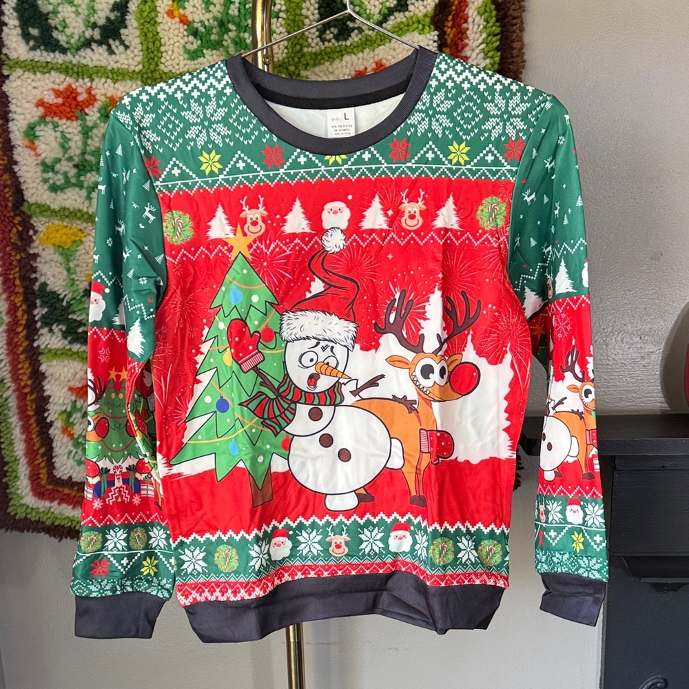 Christmas Long Sleeve Shirt with Snowman and Reindeer Kids Size Large